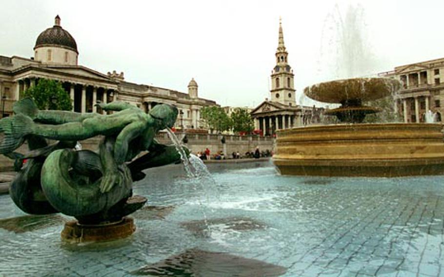 File photo: London, UK, May 98; These are the fountains of Trafalgar Square, with the National Gallery at left, St. Martin-in-the-Fields at center and the South Africa House at right.