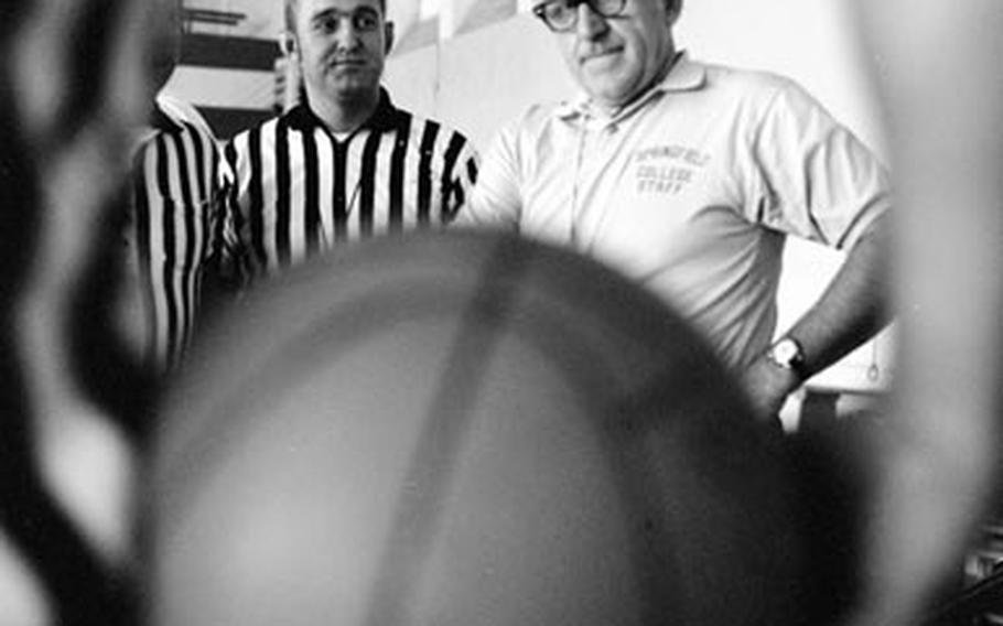 Dr. Edward Steitz, basketball rules expert, at a hoop officials' clinic at Augsburg, Germany, in 1973.