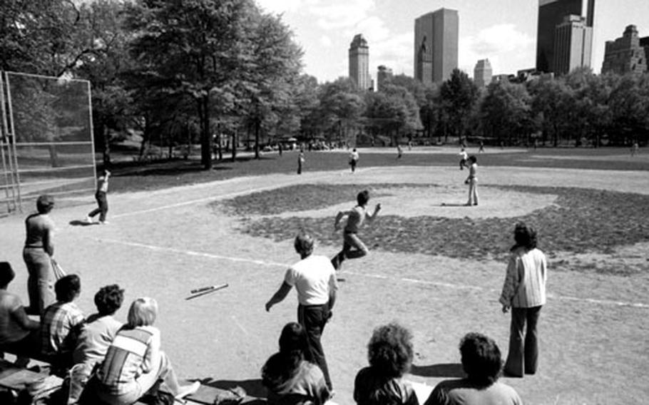 A Broadway Softball League game in April, 1976.
