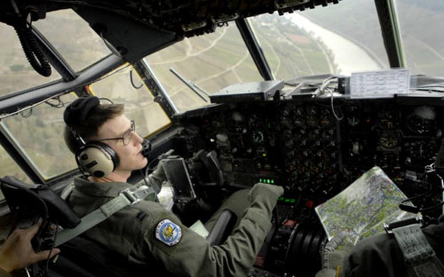 Capt. Kent Jensen, a pilot assigned to the 37th Airlift Squadron, flies a C-130 low-level through the Rhine River valley Jan. 25th, 2006, during a routine training mission out of Ramstein Air Base. This specific C-130 was built in 1963.