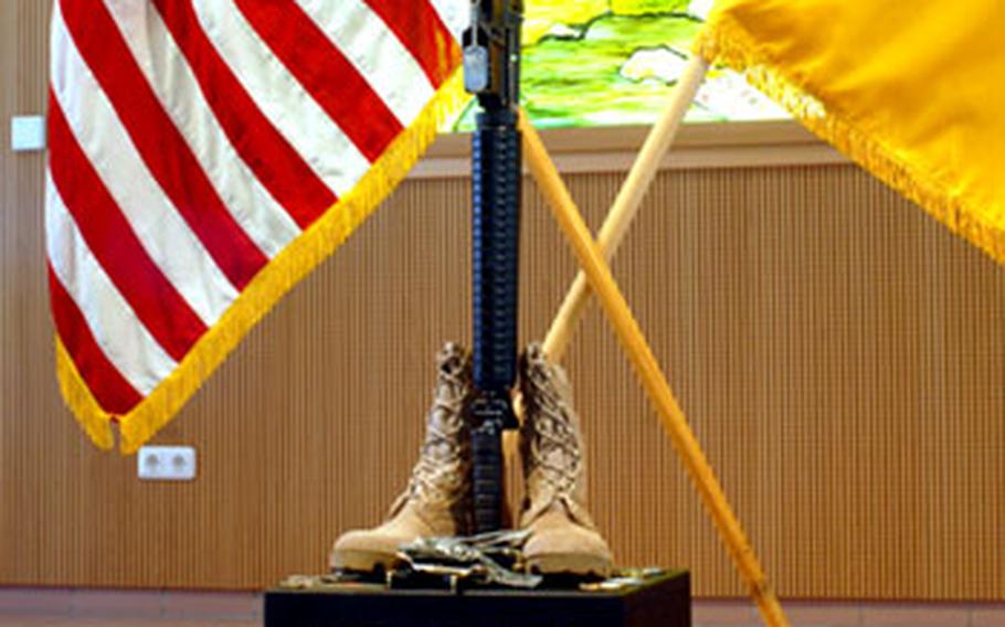 A memorial ceremony was held Friday at Vilseck's Rose Barracks Chapel for Company C, 1st Squadron, 2nd Stryker Cavalry Regiment soldier Cpl. Justin R. Mixon, 22, of Bogalusa, La., who died June 1 in Baghdad Iraq.