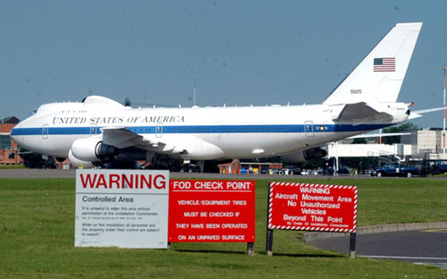 Airmen coming to work Monday at RAF Mildenhall, England, might have thought Air Force One had landed at the base. Instead, it was a National Air Operations Center 747, and base officials would not comment on wether the plane's arrival had anything to do with President Bush's upcoming trip to Europe.