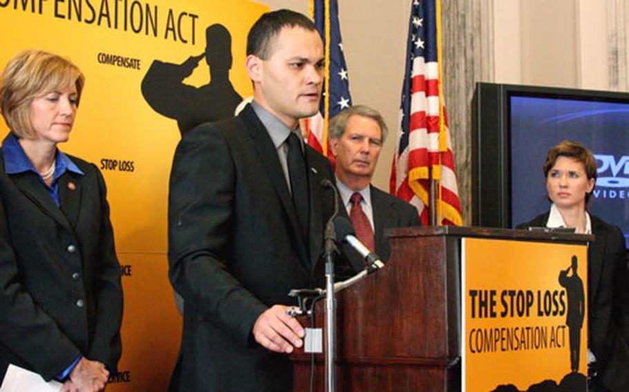 Separated Army E-4 Colby Buzzell, who left the service three years ago but was recently recalled to duty under the military’s stop-loss policy, speaks to reporters at a Captiol Hill press conference Thursday about new legislation to increase pay for troops serving beyond their scheduled retirement date. With him are Rep. Betty Sutton, D-Ohio (left); Rep. Walter Jones, R-N.C.; and Kimberley Peirce, writer and director of the film “Stop Loss.”