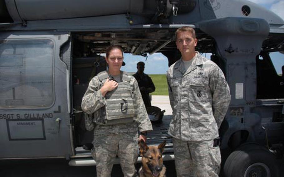 Staff Sgt. Sarah Merklinger, Bojar and Tech Sgt. Jason Dearinger all of 18th Security Forces.