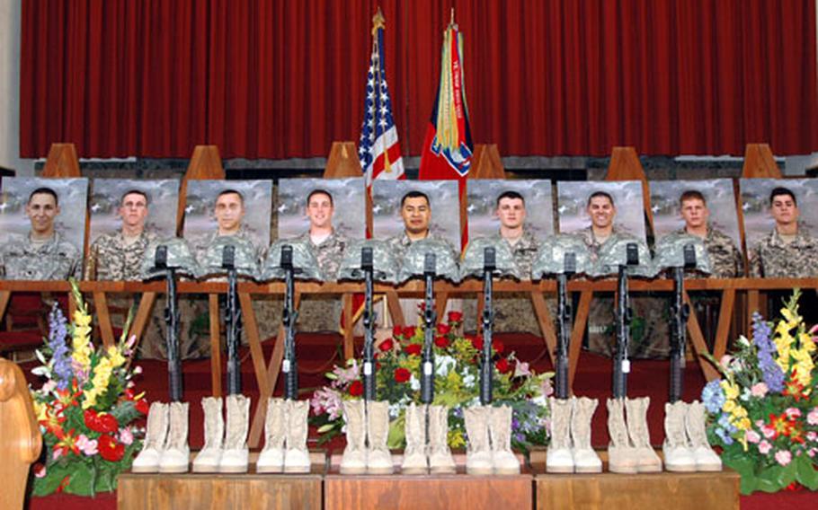 The traditional tribute to fallen soldiers, with rifles, helmets, boots and dog tags, honors the nine soldiers from 2nd Battalion, 503rd Infantry Regiment (Airborne), 173rd Airborne Brigade Combat Team who were killed Sunday in fighting in Afghanistan. More than 400 people crowded into the chapel at Caserma Ederle in Vicenza on Friday for a memorial service.
