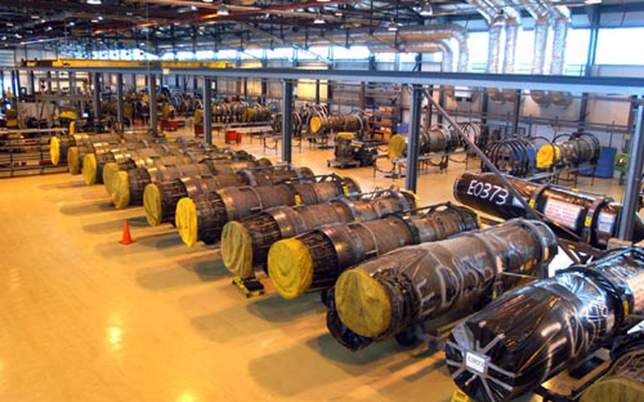 Numerous F-15 jet engines, worth $4.8 million each, sit in a 48th Component Maintenance Squadron warehouse. Each month, more than 30 engines are inspected at three test-run facilities at RAF Lakenheath.