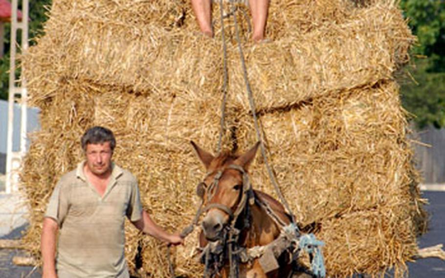 Locals move a haystack near Babadag Training Area, Romania, on Thursday. U.S. troops are working and living at the training area this summer.