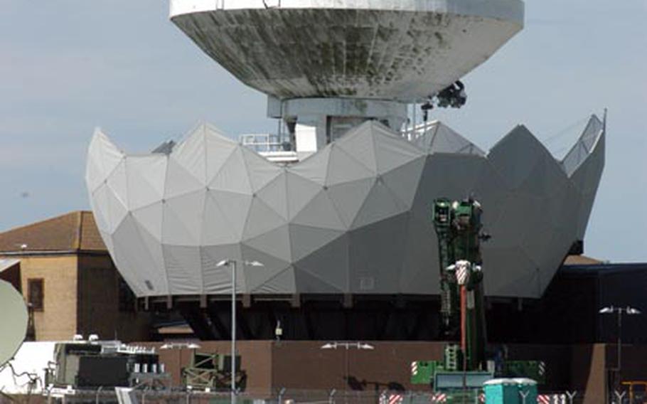 A $3.2 million radome is being built around Croughton's main 68-foot antenna in order to better protect it from the British elements while increasing the satellite dish's capabilities. It looks like a half-completed Death Star.