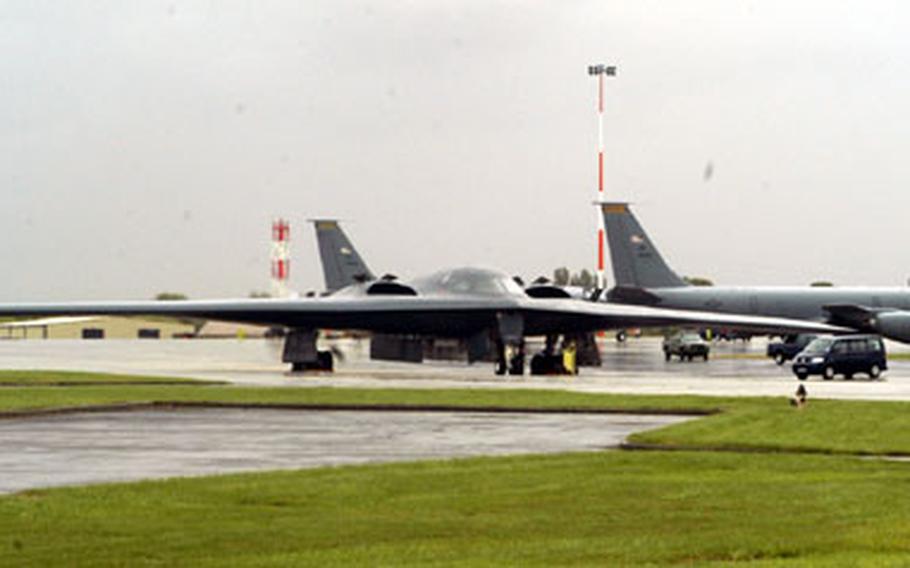 The B-2 Spirit sits on the runway at RAF Fairford Wednesday in preparation for a flight that was later scrubbed.