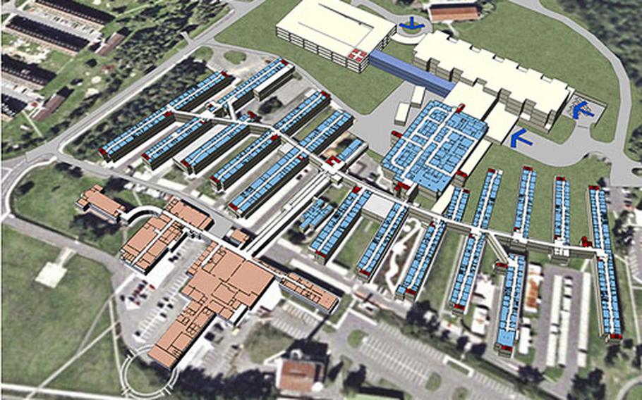 Pictured: Graphic of where the new inpatient tower at Landstuhl will be situated in relation to the rest of the hospital. Construction on the $405 million project is scheduled to begin in fiscal 2011 and wrap up in fiscal 2014.