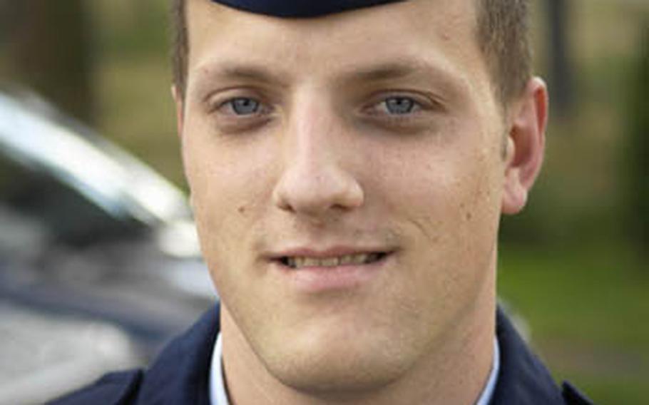 Senior Airman Brandon Penvose, an airman assigned to the 435th Comptroller Squadron sports his blues.
