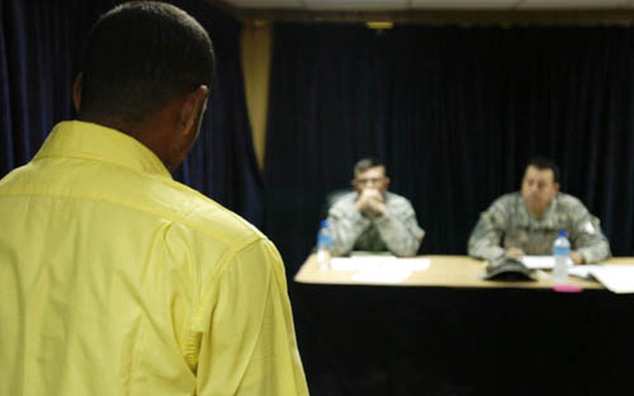 A detainee at Camp Cropper pleads his case to a review committee board earlier this year. The boards make a recommendation on whether detainees continue to pose a security threat. Their decisions on recommending release must be ratified by higher officials.