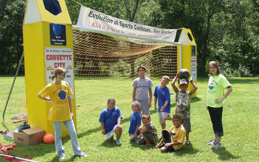 Players prepare for a game of Super Scoreball during a charity event in Shrewsbury, Mass.