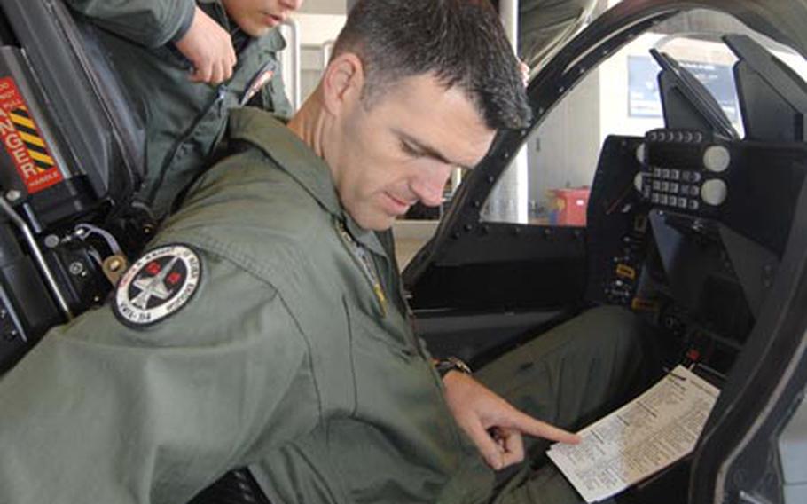 South Korean air force Maj. Kim In-cheol, left, introduces Marine Maj. Jonathan Ohman, center, to the cockpit of a T-50 training aircraft, while Marine Lt. Col. Roger Cordell looks on at a South Korea base in Sancheon recently. The Marine pilots and two Navy flyers from the U.S. Naval Test Pilot School flew the advanced jet trainer this past week. The aircraft is considered a modern stepping stone to current and future jet fighters. Ohman and Navy Lt. Joshua Filbey are writing technical reports on the aircraft as part of their graduation from the test pilot school.