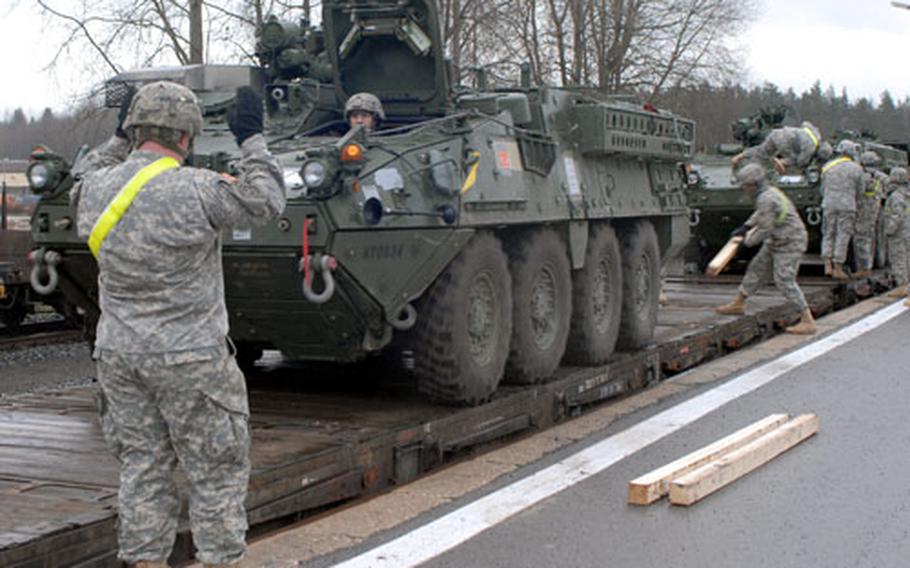 2nd Stryker Cavalry Regiment soldiers unloaded dozens of Stryker armored personnel carriers at the Vilseck railhead on Saturday. The vehicles were back from a 15-month deployment to Iraq.\