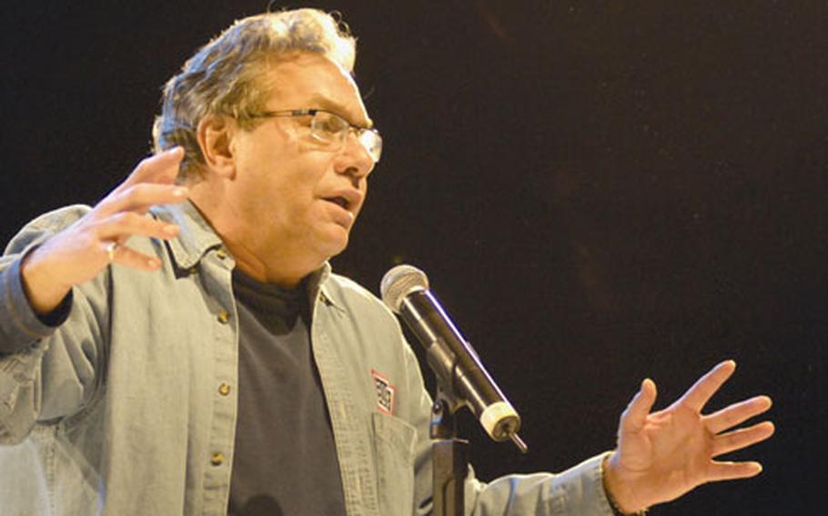 Comedian Lewis Black rants through a bit on gas and the economy during a show Tuesday at Ramstein Air Base’s Hanger 1.