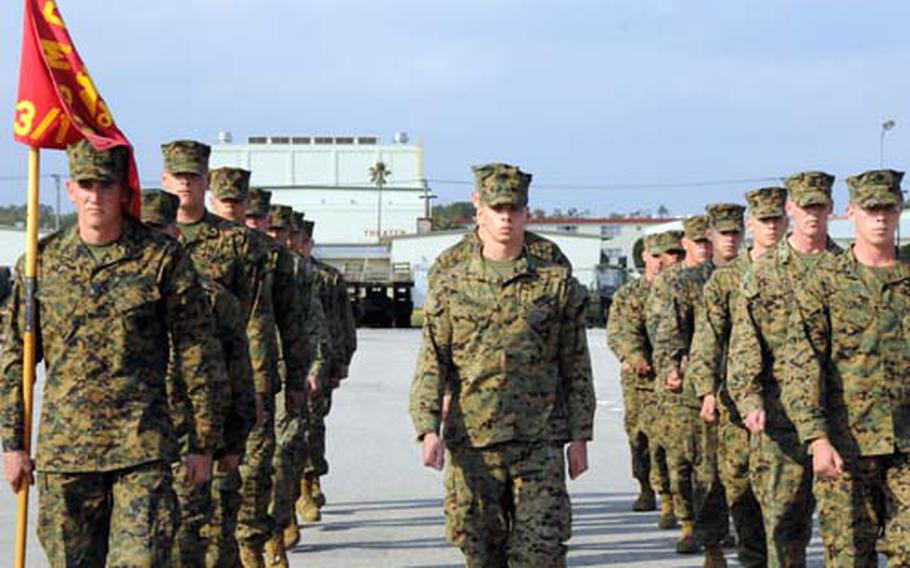 I Company marches forward across the tarmac. Platoons had to perform both close order drill and marching movements during the competition.