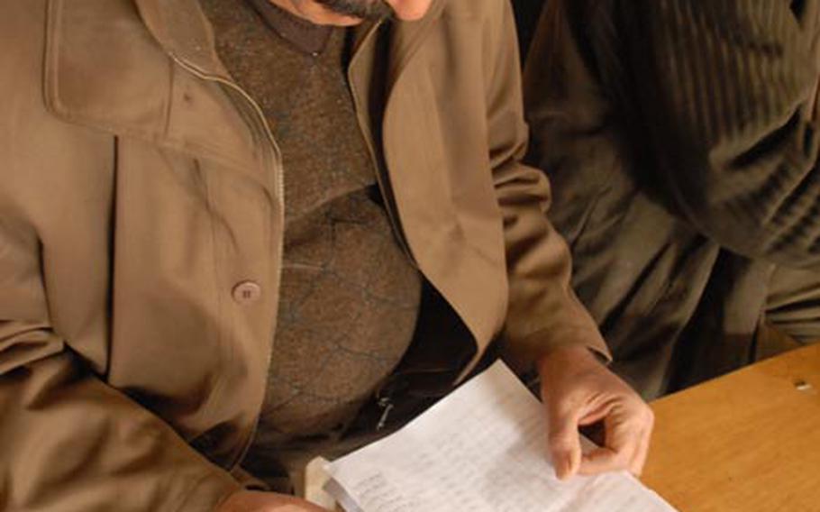 Salim Malah al-Saadi, a supervisor who manages 50 community project workers, checks the name of one of the workers against a list while distributing their pay Monday at a patrol base on the border of Baghdad’s Sadr City district.