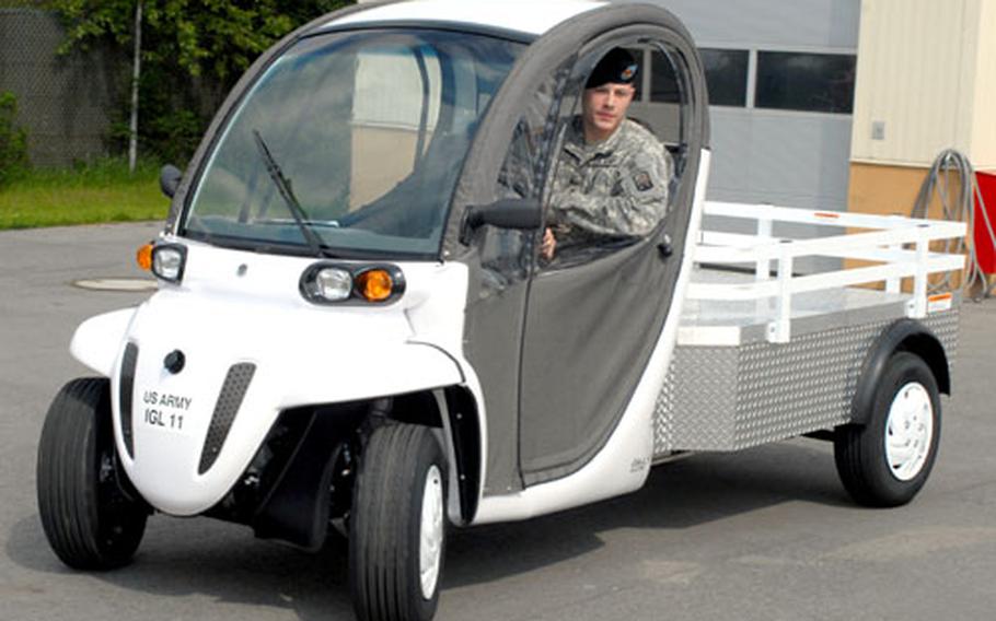 Spc. Jacob Landis drives a leased electric vehicle at Grafenwöhr, Germany, in May. After a six-month trial, the garrison has decided not to keep the three vehicles.