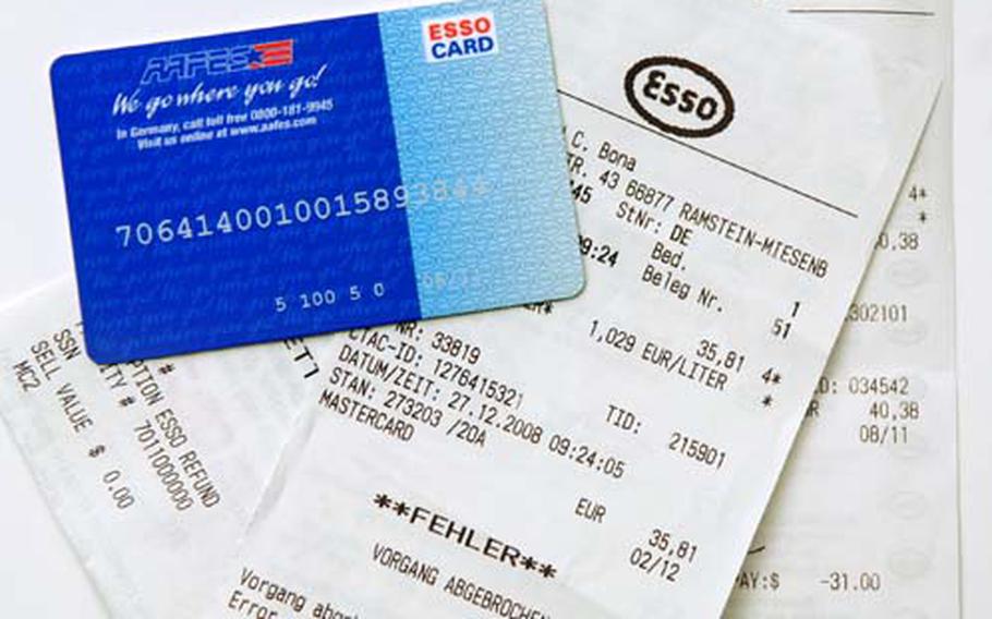 A picture of the Esso gas card with receipts from recent gas transaction mistakes. "Fehler," is German for error, meaning the AAFES gas card was rejected by the gas station.