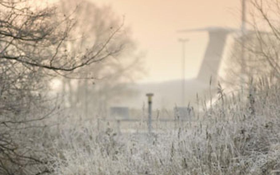 As the sun comes up, frozen dew glows in the light Tuesday near Ramstein Air Base’s West Gate. According to the 21st Operational Support Squadron at Sembach Air Base, Germany, temperatures will stay in the teens this week.