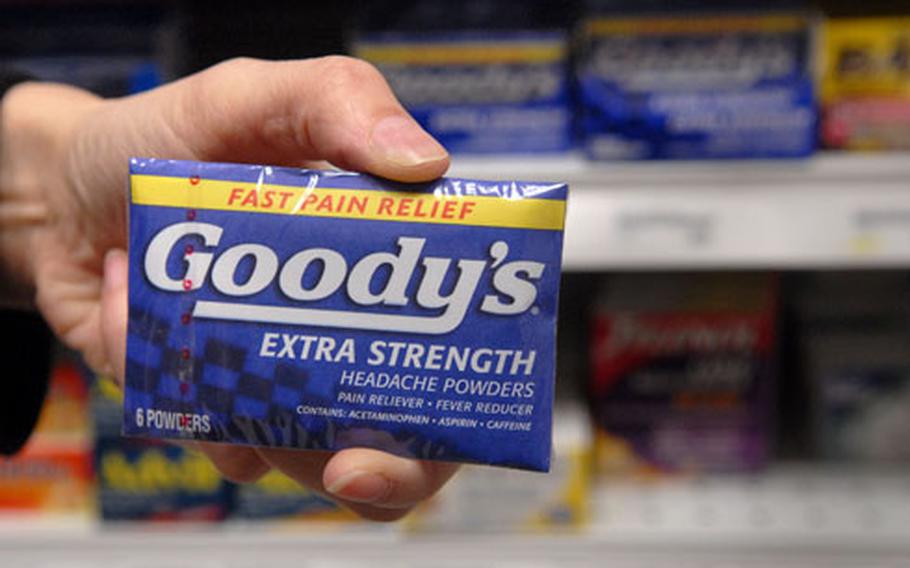 One possible solution for the New Year’s Day hangover is Goody’s headache medicine, like this six-powder packet found at Ramstein’s shoppette.