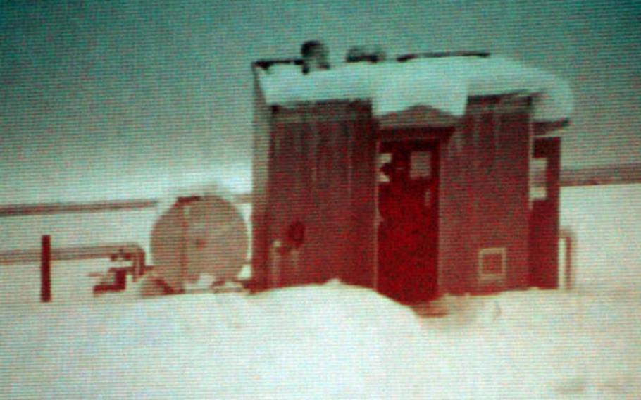 This small shack in Alberta, Canada — as shown on a screen at the Camp Foster Theater — was the site of the accident that changed Bernie Inman&#39;s life.