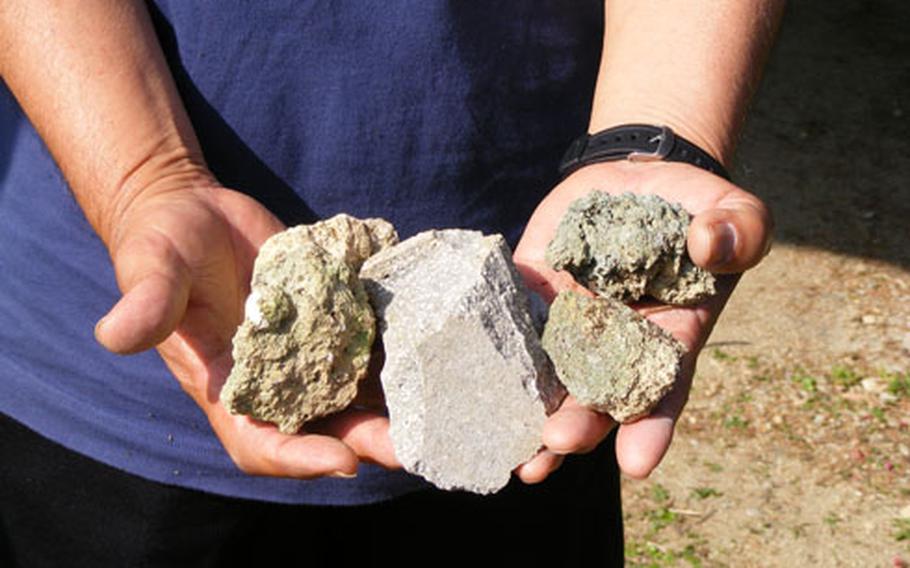Yoshio Arashiro holds the rocks thrown at his home near Camp Foster’s Plaza Housing. He says it is common for kids to throw rocks at his home.
