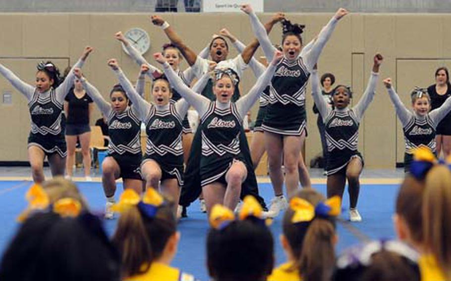 The AFNORTH Lions cheerleading squad won the Division III title at the DODDS-Europe cheerleading competition in Mannheim, Germany, on Saturday. The Lions also won the Spirit award and placed three members on the all-tournament team.