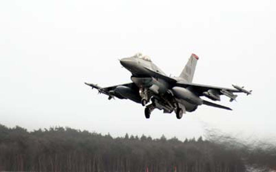 MISAWA AIR BASE, Japan -- An F-16 out of the 13th Fighter Squadron takes off for a deployment to the Republic of Korea on Monday.