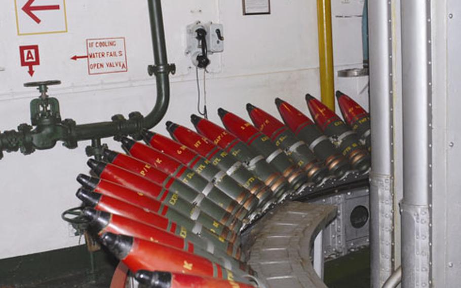 Rounds for the guns can be seen on the ship.