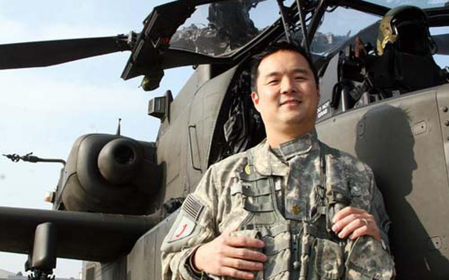 U.S. Army Maj. Lee Fennema became the first U.S. pilot to fly the U.K. Apache helicopter in combat in late 2007. He will also take the No. 2 slot when he deploys to Afghanistan with the British army next month.