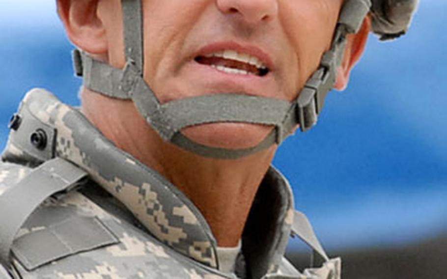 Maj. Gen. Mark Hertling, commander of the 1st Armored Division, speaks during the departure ceremony for the 1st AD headquarters staff and attached units at Wiesbaden Army Airfield, Germany, in September, 2007.