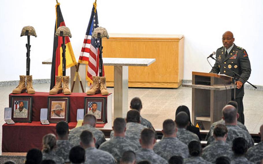 Lt. Col. Michel Russell, commander of the 47th Forward Support Battalion, offered a moving and humorous tribute to Sgt. Alexander Westbrooks, Spc. Michael Clark and Spc. Laron Gadson.