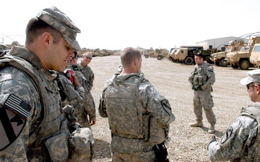 Sgt. Stephen Battisto, left, and other men of Crazy Horse Troop, 4th Squadron, 9th U.S. Cavalry Regiment before a mission in March out of Kirkuk’s Forward Operating Base Warrior.