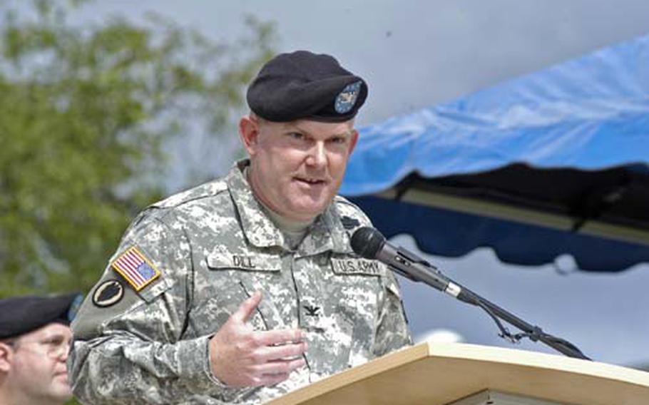 Col. Jeffrey W. Dill makes remarks at a change-of-command ceremony Thursday for U.S. Army Garrison Wiesbaden, Germany. Dill took over command of the garrison from Col. Ray Graham Jr., who retired shortly before the ceremony.