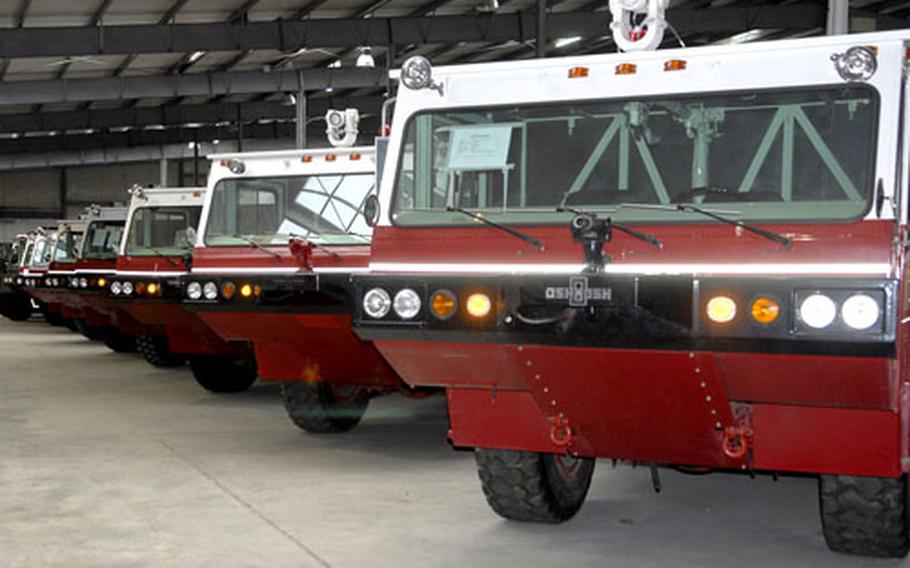 Fire trucks are just one of many types of vehicles in reserve at the U .S. Air Forces in Europe Central Region Storage Facility at Sanem, Luxembourg. The Air Force has stored war reserve equipment stockpiles at Sanem since 1994.