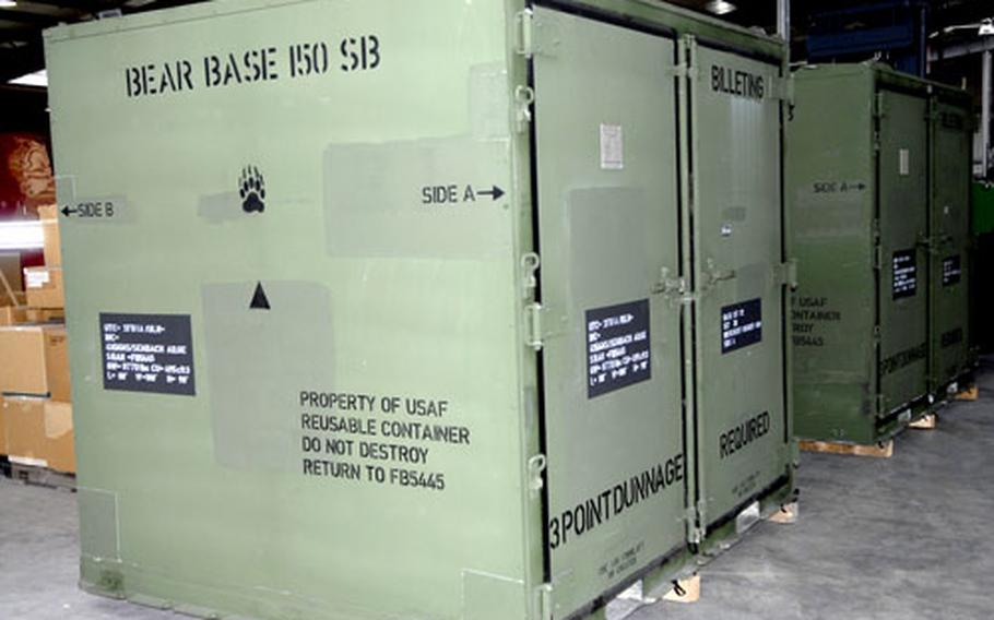 A billeting container, part of the Basic Expeditionary Airfield Resources package, makes up part of a “tent city” the Air Force could erect to house airmen at an austere location anywhere in the world.