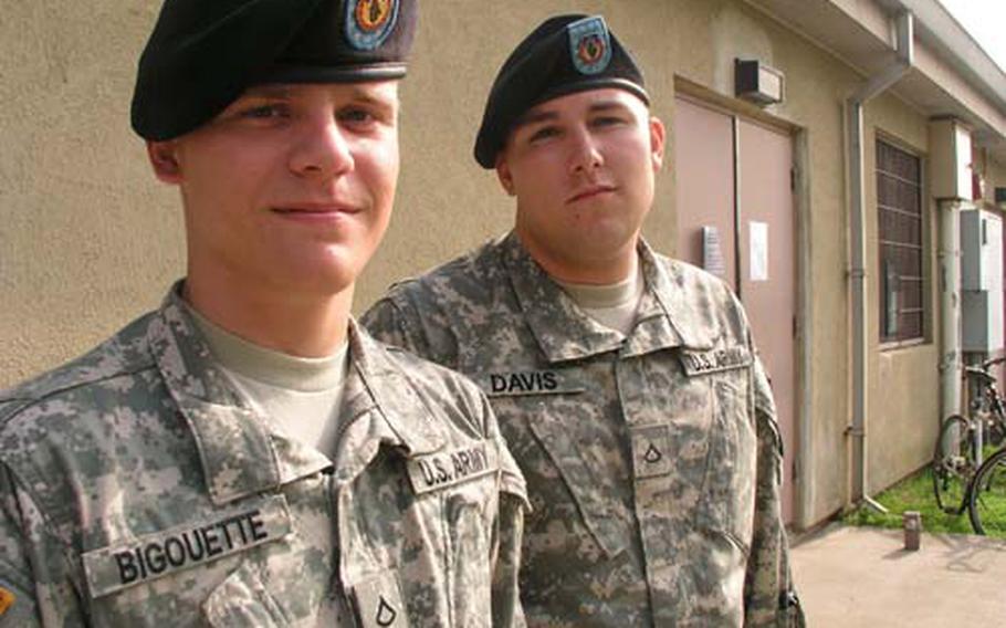 Pfc. Richard Bigouette, left, and Pfc. Joshua Davis were commended by their unit for their roles in rescuing a Korean girl at a popular beach. Bigouette pulled the young girl from the water after hearing her shouts for help.