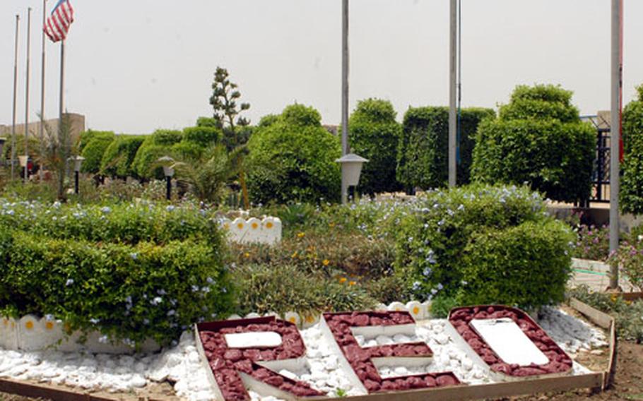 There's a lush garden to greet visitors in front of the Babylon Tourism Hotel in Hillah, Iraq.