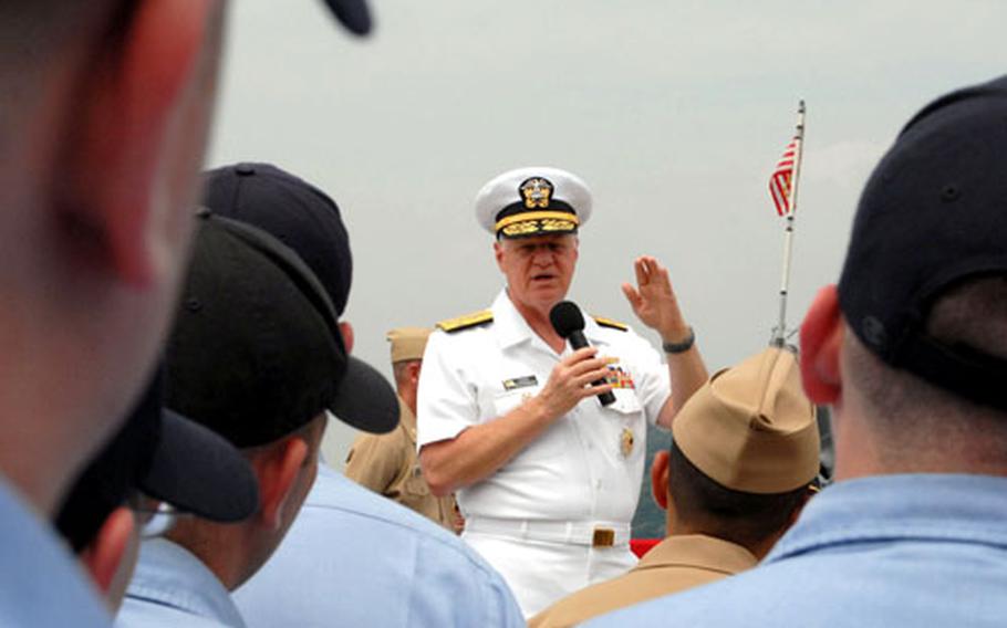Chief of Naval Operations Adm. Gary Roughead addresses the crews of the USS Decatur, USS Michigan and USS Albuquerque during an all-hands call Saturday at Yokosuka Naval Base, Japan.