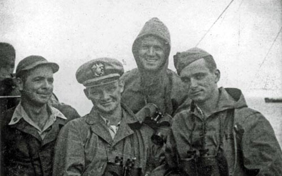 Aug. 25, 1945 Howard Benedict, center left, was 20 years old when his task force became the first Americans to land in Sasebo following Japan&#39;s surrender in August 1945. Here he is shown with fellow crew members aboard the USS LST 1077.
