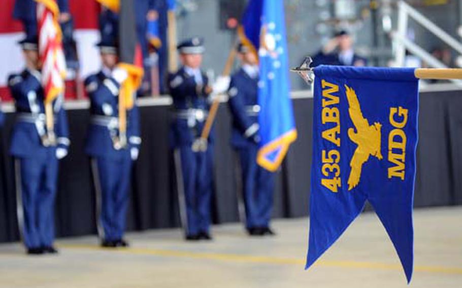 The guidon from the 435th Air Base Wing’s medical group is shown during a wing inactivation ceremony at Ramstein Air Base, Germany.