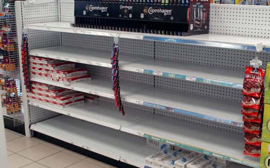 Troops looking to buy tobacco products at AAFES locations in northern Italy have been largely out of luck recently. Some locations, such as the Aviano Air Base shoppette pictured, have entirely ran out of chewing tobacco and all locations are missing certain brands of cigarettes. The shortage is due to problems arranging security for tobacco shipments from Italian ports.