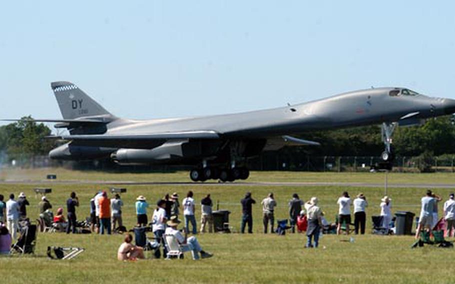 A B-1B Lancer lands in front of spectators gathered for the Royal International Air Tattoo at RAF Fairford in 2006. The Air Force announced this week that the air base will no longer have permanently assigned airmen, and will only use the base when needed, on a contingency basis. The Air Tattoo, however, will still be held in 2010.