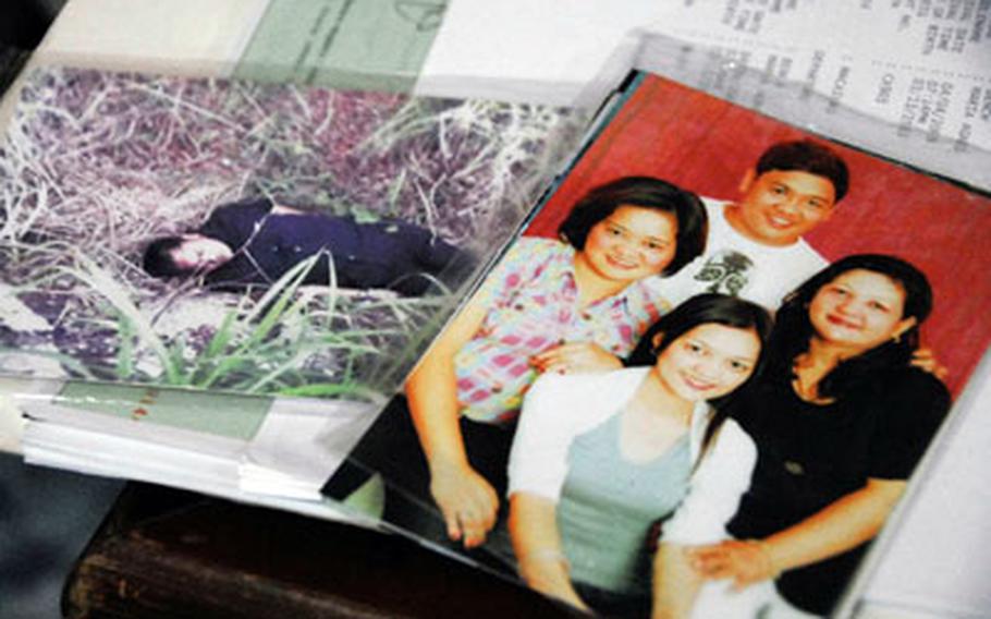Peter Turiano is pictured with members of his family, right, and in a photograph of the scene of his death in April. Turiano was killed in an armed robbery while driving the Bench family in the Philippines.