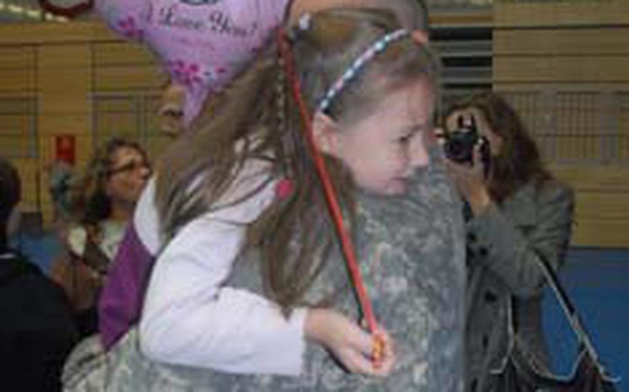 Sgt. 1st Class Thomas Nunn got a from daughter, Jacelyn, 5, Monday morning in Grafenwöhr.
