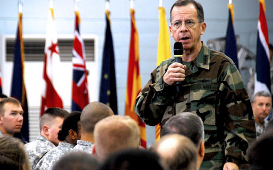 Adm. Mike Mullen, chairman of the Joint Chiefs of Staff, answers questions from troops at U.S. Army Garrison-Yongsan on Thursday.