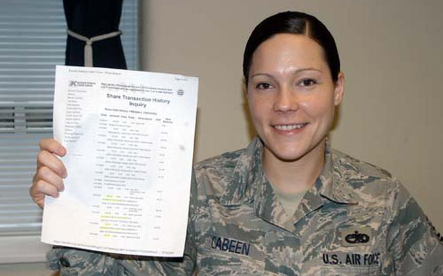 Tech. Sgt. Abbi Cabeen holds a bank statement that lists recent fraudulent charges to her account.