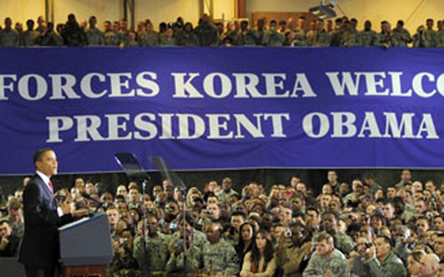 President Barack Obama addresses more than 1,500 U.S. servicemembers at Osan Air Base, Republic of Korea, on Thursday.